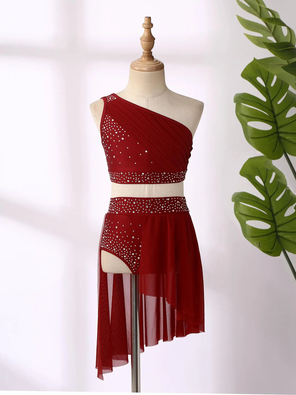 Girls 2-Piece Lyrical Dance Costume | One Shoulder Crop Top & Mesh Skirt Shorts Set | Ages 6-16 Years